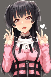 Rule 34 | 1girl, black hair, black skirt, blunt bangs, blush, breasts, brown eyes, heart, highres, idolmaster, idolmaster shiny colors, long hair, long sleeves, looking at viewer, mask, mask lift, mask pull, mayuzumi fuyuko, medium breasts, mouth mask, oga raito, open mouth, simple background, skirt, smile, solo, surgical mask, two side up, unworn mask, upper body, zipper