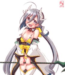 Rule 34 | &gt;:d, 1girl, :d, ahoge, alternate costume, blush, collarbone, convenient censoring, cosplay, dated, detached sleeves, fate/grand order, fate (series), flat chest, grey eyes, highres, holding, horns, kanon (kurogane knights), kantai collection, kiyohime (fate), kiyohime (fate/grand order), kiyohime (swimsuit lancer) (fate), kiyohime (swimsuit lancer) (fate) (cosplay), kiyohime (swimsuit lancer) (first ascension) (fate), kiyoshimo (kancolle), long hair, looking at viewer, low twintails, name connection, open mouth, pun, silver hair, simple background, sketch, smile, solo, staff, twintails, v-shaped eyebrows, wardrobe malfunction, white background