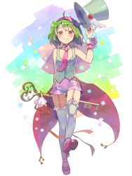 Rule 34 | 1girl, ahoge, arm at side, bare arms, bare shoulders, beamed quavers, coattails, commentary request, detached collar, full body, garter straps, green hair, green shirt, hair ribbon, hat, unworn hat, unworn headwear, high heels, highres, holding, holding clothes, holding hat, key, looking at viewer, macross, macross frontier, macross frontier: sayonara no tsubasa, mary janes, musical note, necktie, pink footwear, pink necktie, pink ribbon, pink shorts, pinky out, popompon, quaver, ranka lee, red eyes, ribbon, shirt, shoe soles, shoes, short hair, shorts, simple background, sleeveless, sleeveless shirt, smile, solo, standing, star (symbol), thighhighs, top hat, white background, white thighhighs, wrist cuffs