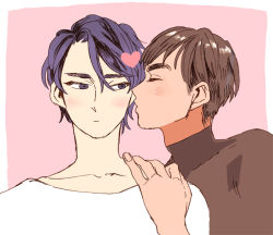 Rule 34 | 2boys, bad id, bad pixiv id, black hair, closed eyes, grey eyes, hand on another&#039;s shoulder, heart, imminent kiss, lee seung-gil, male focus, multiple boys, phichit chulanont, upper body, yaoi, yuri!!! on ice, yuuki (kkurcc)
