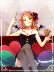 Rule 34 | 1girl, :p, bare shoulders, blush, breasts, bustier, cleavage, crossed legs, cup, fishnet thighhighs, fishnets, food, green eyes, hair ornament, halloween, large breasts, looking at viewer, macaron, mina m, mochizuki mina, multicolored hair, orange hair, original, pillow, pink hair, short hair, sitting, smile, solo, spoon, thighhighs, tongue, tongue out, wings