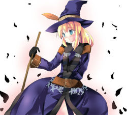 Rule 34 | 1girl, arms behind back, belt, black gloves, blonde hair, blue eyes, broom, dress, fantasy earth zero, gloves, hat, holding, long hair, petals, ponytail, shigen, simple background, solo, witch, witch hat