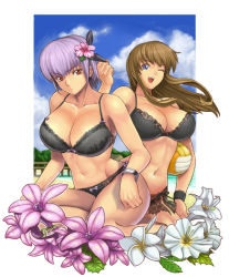 Rule 34 | 2girls, ayane (doa), bad id, bad pixiv id, ball, black bra, black panties, blue eyes, bra, breasts, brown hair, cleavage, curvy, day, dead or alive, flower, hair flower, hair ornament, hibiscus, hitomi (doa), holding, holding ball, ibanen, large breasts, lily (flower), long hair, multiple girls, muscular, navel, one eye closed, panties, purple hair, red eyes, short hair, tecmo, underwear, underwear only, volleyball (object), wink