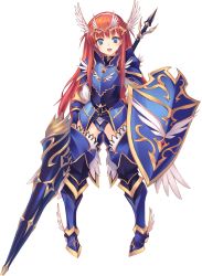 Rule 34 | 1girl, alisia heart, aquaplus, armor, armored boots, blue eyes, boots, dungeon travelers 2, full body, hairband, head wings, highres, holding, holding weapon, kawata hisashi, lance, long hair, looking at viewer, pigeon-toed, polearm, red hair, shield, solo, toriatto gununu, transparent background, weapon, wings