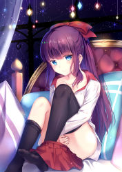 Rule 34 | 10s, 1girl, bed, bed sheet, black thighhighs, blue eyes, breasts, closed mouth, collarbone, collared shirt, commentary request, curtains, hair ribbon, highres, hugging own legs, long hair, medium breasts, new game!, night, no shoes, on bed, pillow, pleated skirt, purple hair, red ribbon, red skirt, revision, ribbon, shirt, sidelocks, sitting, skirt, skirt around one leg, unworn skirt, solo, star (symbol), takimoto hifumi, thighhighs, thighhighs pull, transparent, white shirt, yan (nicknikg)