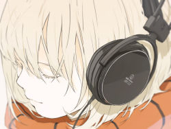 Rule 34 | 1girl, audio-technica, blonde hair, close-up, closed eyes, from above, headphones, highres, loundraw, original, scarf, short hair, smile, solo