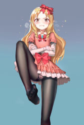 Rule 34 | 10s, 1girl, absurdres, angry, bad id, bad pixiv id, black pantyhose, blonde hair, blush, bow, bowtie, braid, breasts, brooch, clenched teeth, cowboy shot, criss-cross halter, crossed arms, dress, drill hair, eromanga sensei, feet, frilled skirt, frills, gem, gluteal fold, gradient background, gusset, hair bow, hair ornament, halterneck, highres, jewelry, layered sleeves, leg up, long hair, long sleeves, looking at viewer, no shoes, nose blush, panties, panties under pantyhose, pantyhose, pink lips, pointy ears, red bow, red bowtie, ringlets, short dress, short over long sleeves, short sleeves, skirt, soles, solo, sparkle, standing, standing on one leg, teeth, thighband pantyhose, toes, topu, twin braids, underwear, white panties, yamada elf