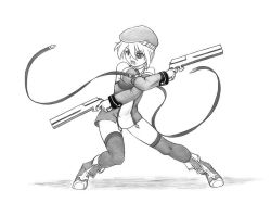 Rule 34 | 1girl, beret, blazblue, boots, detached sleeves, dress, dual wielding, finger on trigger, full body, graphite (medium), greyscale, gun, handgun, harumachi nagaaki, hat, holding, holding gun, holding weapon, monochrome, noel vermillion, open mouth, simple background, solo, standing, thighhighs, traditional media, weapon, white background