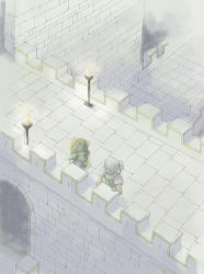 Rule 34 | 2boys, arch, armor, artist request, brick wall, bridge, building, duran, fortress, from above, full body, lowres, male focus, multiple boys, outdoors, pale color, seiken densetsu, seiken densetsu 3, standing, stone wall, tunnel, wall