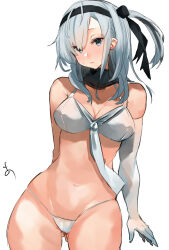 Rule 34 | 1girl, bikini, breasts, cleavage, elbow gloves, gloves, grey eyes, grey hair, headband, highres, kantai collection, long hair, looking at viewer, medium breasts, neckerchief, one side up, simple background, single elbow glove, solo, sunday aki, suzutsuki (kancolle), swimsuit, white background, white bikini, white gloves, white neckerchief