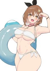Rule 34 | 1girl, atelier (series), atelier ryza, atelier ryza 2, bikini, breasts, brown hair, highres, holding, holding swim ring, innertube, jewelry, key, key necklace, large breasts, looking at viewer, midriff, navel, necklace, open mouth, reisalin stout, short hair, simple background, solo, swim ring, swimsuit, thighs, white background, white bikini, yabai gorilla, yellow eyes
