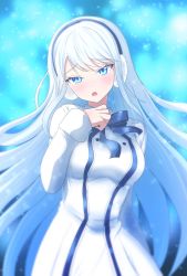 Rule 34 | 1girl, absurdres, ban hada, blue bow, blue eyes, blue hair, bow, breasts, dress, earmuffs, floating hair, hand on own chest, head tilt, highres, leaning to the side, long hair, looking at viewer, medium breasts, nijisanji, nijisanji kr, open mouth, solo, very long hair, virtual youtuber, white dress, yabunoki