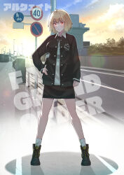 Rule 34 | 1girl, absurdres, ahoge, arcueid brunestud, black jacket, blonde hair, boots, commentary request, crescent, crescent necklace, english text, fate/grand order, fate (series), full body, hand on own hip, heart, highres, jacket, jewelry, kojima takeshi, lamppost, long sleeves, looking at viewer, necklace, red eyes, road, road sign, short hair, sign, skirt, socks, solo, speed limit sign, standing, sunrise, translation request