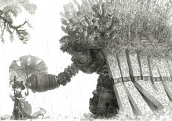 Rule 34 | 1girl, branch, fantasy, food, fruit, gears, graphite (medium), greyscale, hat, holding, holding umbrella, mecha, mechanical, monochrome, original, plant, pointing, robot, steampunk, traditional media, tsukushi akihito, umbrella