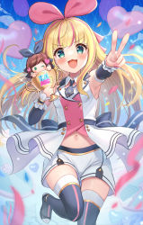 Rule 34 | 1girl, akabane (zebrasmise), alternate costume, blonde hair, blue eyes, bow, character doll, commentary request, confetti, cosplay, fall guy, fall guys, hair bow, highres, kizuna ai, kizuna ai (cosplay), kizuna ai inc., leg up, long hair, looking at viewer, mononobe alice, nijisanji, open mouth, sky, thighhighs, trophy, v, virtual youtuber