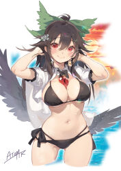 1girl absurdres alternate_costume bikini bikini_under_clothes bird_wings black_bikini black_hair black_wings blush bow breasts cleavage closed_mouth collared_shirt commentary_request cowboy_shot feathered_wings flower green_bow grey_flower hair_between_eyes hair_bow hair_flower hair_ornament hands_in_hair highres large_breasts long_bangs long_hair looking_at_viewer low_wings mole mole_on_breast navel open_clothes open_shirt red_eyes reiuji_utsuho shirt side-tie_bikini_bottom signature smile solo sunset swimsuit tetsurou_(fe+) thighhighs touhou white_background white_shirt wings