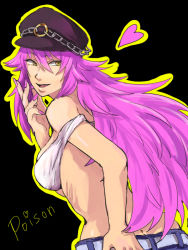 Rule 34 | 1girl, 80yakky, big hair, blue eyes, breasts, butt crack, final fight, fingernails, from behind, hat, heart, long fingernails, long hair, looking back, nail polish, off shoulder, orange eyes, peaked cap, pink hair, pink nails, poison (final fight), solo