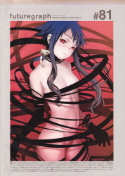 Rule 34 | 1girl, asymmetrical gloves, blouse, blue hair, collar, creature, creature on shoulder, elbow gloves, flat chest, formal, futuregraph, gloves, half-closed eyes, head tilt, highres, long hair, mouse (animal), murata range, naked ribbon, nude, on shoulder, red background, red eyes, ribbon, shirt, short hair with long locks, simple background, solo, suit, uneven gloves, watermark, web address, white shirt
