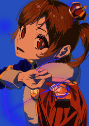Rule 34 | 1girl, absurdres, aijou karen, blue background, blue jacket, brown eyes, brown hair, buttons, commentary, crown, epaulettes, eyelashes, fingernails, from side, fur-trimmed jacket, fur trim, hand up, highres, holding, holding button, jacket, jacket on shoulders, long sleeves, looking at viewer, looking to the side, lower teeth only, mini crown, nasu (nasu8901), one side up, parted lips, red jacket, short hair, shoujo kageki revue starlight, sideways glance, simple background, solo, sparkle, swept bangs, teeth, tilted headwear, upper body