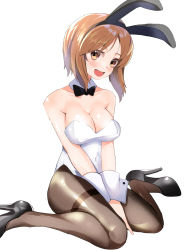 Rule 34 | 1girl, absurdres, animal ears, black bow, black bowtie, black pantyhose, blaze (blazeillust), bow, bowtie, breasts, brown eyes, brown hair, cleavage, detached collar, girls und panzer, highres, leotard, looking at viewer, medium breasts, nishizumi miho, open mouth, pantyhose, playboy bunny, rabbit ears, rabbit tail, short hair, simple background, sitting, solo, strapless, strapless leotard, tail, thighband pantyhose, wariza, white background, white leotard, wrist cuffs