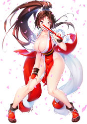 Rule 34 | 1girl, absurdres, artist request, bare shoulders, breasts, brown eyes, brown hair, cleavage, commentary request, dead or alive, dead or alive 6, fatal fury, female focus, fingernails, folding fan, full body, hand fan, highres, holding, holding fan, japanese clothes, large breasts, long hair, looking at viewer, matching hair/eyes, ninja, pelvic curtain, petals, ponytail, revealing clothes, rope, shiny skin, shiranui mai, simple background, sleeveless, solo, standing, the king of fighters, thighs, white background