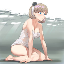 Rule 34 | 1girl, a1 (initial-g), animal ears, arm support, bare arms, bare shoulders, blue eyes, breasts, commentary request, fake animal ears, full body, grey hair, hairband, kneeling, large breasts, light purple hair, love live!, love live! superstar!!, multicolored hair, naked towel, panda ears, partially submerged, short hair, solo, streaked hair, tang keke, towel, water, white towel
