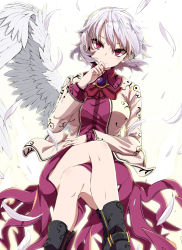 Rule 34 | 1girl, black footwear, boots, breasts, brooch, dress, feathered wings, feathers, head tilt, highres, jacket, jewelry, kishin sagume, crossed legs, long sleeves, looking at viewer, medium breasts, nail polish, purple dress, purple skirt, red eyes, rihito (usazukin), short dress, silver hair, simple background, single wing, skirt, solo, touhou, tsurime, white background, white wings, wings