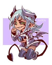 Rule 34 | 1girl, :d, black sclera, black thighhighs, blue hair, camera, colored sclera, dark-skinned female, dark skin, demon girl, demon horns, demon tail, demon wings, green eyes, hand up, holding, holding camera, horns, jacket, kneeling, lilith (monster musume), long sleeves, looking at viewer, monster girl encyclopedia, monster musume no iru nichijou, open mouth, outline, pointy ears, purple background, purple jacket, ramenwarwok, shoes, short hair, signature, smile, smirk, smug, solo, tail, thighhighs, white footwear, white outline, wings