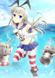 Rule 34 | &gt; &lt;, 10s, 1girl, absurdres, blue eyes, closed eyes, cloud, cloudy sky, crop top, crop top overhang, day, elbow gloves, gloves, grey hair, hairband, hayasit, highres, kantai collection, lens flare, lifebuoy, long hair, midriff, miniskirt, navel, ocean, rensouhou-chan, sailor collar, shimakaze (kancolle), skirt, sky, solo, striped clothes, striped thighhighs, swim ring, thighhighs, wars-ma