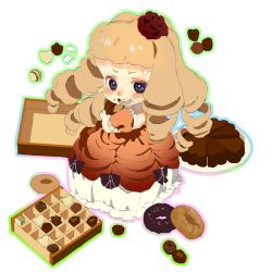 Rule 34 | 1girl, bad id, bad pixiv id, blush, bow, box, box of chocolates, cake, candy, child, chocolate, doughnut, dress, eating, flower, food, gown, hair bow, hair flower, hair ornament, kacchuu, pastry, simple background, solo, surprised