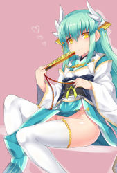 Rule 34 | 1girl, aqua hair, fate/grand order, fate (series), hand fan, heart, horns, japanese clothes, kimono, kiyohime (fate), long hair, looking at viewer, no panties, sitting, smile, solo, thighhighs, torimaru, white thighhighs, yellow eyes