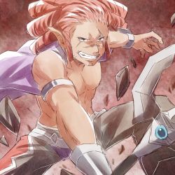 Rule 34 | 00s, 1boy, abs, armor, axe, clenched teeth, grey eyes, grin, jacket, long hair, magnius, muscular, open mouth, pants, pointy ears, ponytail, red hair, scar, tales of (series), tales of symphonia, teeth, weapon
