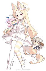 Rule 34 | 3girls, animal, animal ear fluff, animal ears, bare shoulders, bird, blonde hair, blue archive, blush, cake, closed mouth, detached sleeves, dress, flower, food, fork, fox ears, hair bun, hair flower, hair ornament, halo, high heels, highres, holding, holding fork, light brown hair, long hair, mika (blue archive), multiple girls, nagisa (blue archive), open mouth, pantyhose, pink hair, pink halo, purple flower, saru, seia (blue archive), simple background, single side bun, sleeves past fingers, sleeves past wrists, smile, swiss roll, tea party (blue archive), white background, white bird, white dress, white flower, white footwear, white pantyhose, yellow eyes, yellow halo