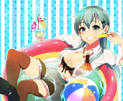 Rule 34 | 10s, 1girl, ascot, ball, beachball, black bra, blush, bow, bow bra, bra, breasts, brown thighhighs, cocktail, cocktail umbrella, cup, flower, food, fruit, green eyes, green hair, grin, hair ornament, hairclip, kantai collection, large breasts, lemon, lemon slice, long hair, matching hair/eyes, open clothes, open shirt, partially submerged, pochi (pochi-goya), popsicle, see-through, shirt, sitting, skirt, sleeves rolled up, smile, solo, striped, striped background, suzuya (kancolle), thighhighs, underwear, vertical stripes, wading pool, water, wet, wet clothes, white shirt, wing collar