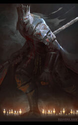 Rule 34 | 1boy, armor, artist name, black headwear, blood, candle, champion gundyr, commentary, crown, dark souls (series), dark souls iii, english commentary, full armor, glowing, glowing eyes, highres, leaning forward, looking at viewer, polearm, red eyes, shoulder armor, solo, thefearmaster, weapon