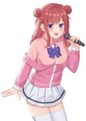 Rule 34 | 1girl, absurdres, ahoge, blouse, blush, bow, bowtie, chakku illust, character request, collared shirt, commentary request, copyright request, double bun, grey shirt, hair bun, hand up, happy, highres, holding, holding microphone, jacket, long hair, looking at viewer, microphone, off shoulder, open mouth, partially unzipped, pink jacket, pleated skirt, purple bow, purple bowtie, purple eyes, red hair, shirt, sidelocks, simple background, skirt, smile, solo, standing, thighhighs, tongue, transparent background, virtual youtuber, white skirt, white thighhighs, zettai ryouiki