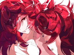 Rule 34 | 1other, androgynous, bad id, bad pixiv id, hanasaki coa, houseki no kuni, long hair, looking at viewer, matching hair/eyes, open clothes, open shirt, padparadscha (houseki no kuni), red eyes, red hair, shirt, smile, solo, sparkle, wavy hair