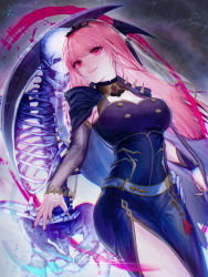 Rule 34 | 1girl, bad id, bad pixiv id, black dress, blunt bangs, breasts, detached sleeves, dress, highres, holding, hololive, hololive english, large breasts, long hair, looking at viewer, mori calliope, nail polish, open mouth, pink eyes, pink hair, scythe, smile, solo, spikes, tiara, veil, virtual youtuber, xio xio