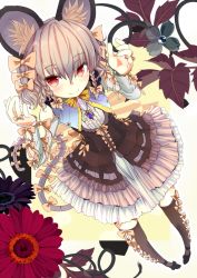 Rule 34 | 1girl, animal ears, arm ribbon, black dress, braid, capelet, dress, embellished costume, flower, foreshortening, from above, grey dress, grey hair, grey thighhighs, hair ribbon, highres, ishikkoro, jewelry, layered dress, leg ribbon, long sleeves, mouse ears, mouse tail, multi-tied hair, multiple braids, nazrin, pendant, pigeon-toed, pink eyes, ribbon, smile, solo, tail, tail ornament, tail ribbon, thighhighs, touhou, twin braids, white dress, zettai ryouiki
