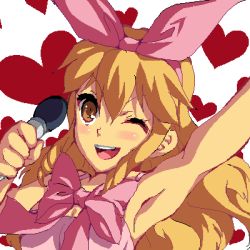 Rule 34 | 1girl, ;d, arm up, blonde hair, blush, bow, breasts, brown eyes, detached sleeves, dress, drill hair, enoo, freckles, hair ribbon, hairband, heart, heart background, holding, holding microphone, jaggy lines, long hair, lowres, maya schrodinger, microphone, oekaki, one eye closed, open mouth, orange dress, pink bow, pink ribbon, ribbon, sidelocks, sleeveless, smile, solo, upper body, wild arms, wild arms 1