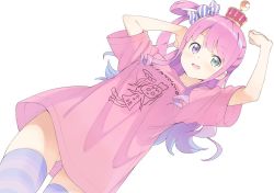 Rule 34 | 1girl, arms up, blue hair, blue thighhighs, blush, candy hair ornament, crown, dutch angle, food-themed hair ornament, gluteal fold, gradient hair, green eyes, hair ornament, heterochromia, himemori luna, hololive, kanzaki hiro, long hair, looking at viewer, multicolored hair, one side up, open mouth, pink hair, pink shirt, purple eyes, ringlets, shirt, simple background, solo, thighhighs, virtual youtuber, white background