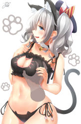 Rule 34 | 10s, 1girl, absurdres, animal ears, bell, neck bell, beret, black bra, black panties, blue eyes, blush, bra, grabbing another&#039;s breast, breasts, cat cutout, cat ear panties, cat ears, cat lingerie, cat tail, choker, cleavage cutout, clothing cutout, disembodied limb, grabbing, hat, highres, jingle bell, kantai collection, kashima (kancolle), kemonomimi mode, large breasts, meme attire, mirea, panties, profile, renka (llawliet39), silver hair, solo focus, sparkle, tail, twintails, underwear, wavy hair