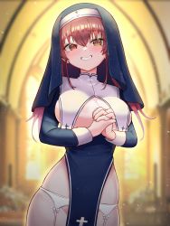 Rule 34 | 1girl, :d, absurdres, backlighting, blue dress, blurry, blurry background, blush, breasts, brown eyes, church, cleavage, cowboy shot, depth of field, dress, garter belt, grin, groin, habit, heterochromia, highres, hololive, houshou marine, houshou marine (nun), indoors, kano (wi3028), large breasts, long hair, long sleeves, looking at viewer, no panties, nun, open mouth, own hands clasped, own hands together, parted lips, pelvic curtain, red eyes, red hair, revealing clothes, smile, solo, twintails, virtual youtuber