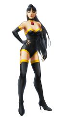 Rule 34 | 1girl, black hair, black thighhighs, boots, breasts, choker, dc comics, earrings, elbow gloves, female focus, gloves, hand on own hip, high heel boots, high heels, highres, jewelry, justice league, leotard, lips, lipstick, long hair, looking at viewer, makeup, ponytail, simple background, solo, standing, strapless, superwoman, thigh boots, thighhighs, white background