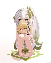 Rule 34 | 1girl, absurdres, aether (genshin impact), ass, barefoot, bloomers, braid, cameo, character doll, commentary request, covering own mouth, crown braid, dress, genshin impact, gradient hair, green eyes, hair between eyes, hair ornament, highres, hugging doll, hugging object, leaf hair ornament, long hair, looking at viewer, mockingeu, multicolored hair, nahida (genshin impact), pointy ears, short dress, side ponytail, sidelocks, simple background, single braid, sleeveless, solo, squatting, streaked hair, symbol-shaped pupils, toes, two-tone hair, underwear, white background, white bloomers, white dress, white hair