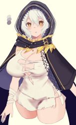 Rule 34 | 1girl, artist request, bandages, breasts, cape, cleavage, code vein, dress, io (code vein), large breasts, looking at viewer, thick thighs, thighs, torn clothes, torn dress, vampire, veil, white dress, white hair, yellow eyes
