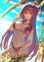 Rule 34 | 1girl, arm up, bikini, breasts, bush, cleavage, cloud, cloudy sky, collarbone, commentary request, day, fate/grand order, fate (series), flower, hair flower, hair intakes, hair ornament, hibiscus, highres, itaco, large breasts, looking at viewer, navel, ocean, open mouth, outdoors, palm tree, pink bikini, purple bikini, purple hair, red eyes, scathach (fate), scathach (fate/grand order), scathach (swimsuit assassin) (fate), sky, solo, swimsuit, tree