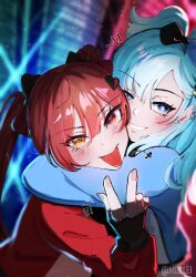 Rule 34 | 2girls, :p, black gloves, blue eyes, blue hair, blush, earrings, fingerless gloves, gloves, grin, hair ornament, heterochromia, highres, hololive, hololive indonesia, houshou marine, hug, iii (hololive), jewelry, kobo kanaeru, long hair, looking at viewer, minxei, multiple girls, red eyes, red hair, smile, tongue, tongue out, twintails, virtual youtuber, yellow eyes