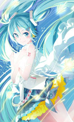 Rule 34 | 1girl, absurdres, adapted costume, agonasubi, aqua eyes, aqua hair, bare arms, blue skirt, blush, commentary, cowboy shot, frilled skirt, frills, glowing, hair ornament, hairclip, hands on own chest, hatsune miku, highres, long hair, looking to the side, miniskirt, plaid, plaid skirt, pleated skirt, shirt, shooting star, shoulder tattoo, skirt, sleeveless, sleeveless shirt, smile, solo, tattoo, twintails, very long hair, vocaloid, white shirt