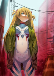 Rule 34 | 1girl, artist request, blue eyes, bodysuit, breasts, brown hair, cowboy shot, crotch plate, evangelion: 3.0+1.0 thrice upon a time, expressionless, eyepatch, green jacket, hair between eyes, hair ornament, highres, interface headset, jacket, long hair, looking at viewer, neon genesis evangelion, open clothes, plugsuit, rebuild of evangelion, road, shiny clothes, simple background, sky, solo, souryuu asuka langley, standing, street, two side up, very long hair, white bodysuit, wide hips